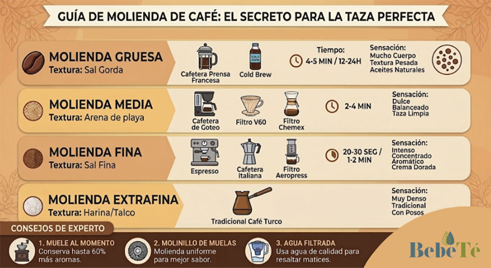 Infografía sobre los tipos de molienda del café y usos